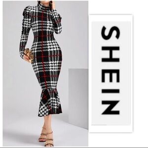 SHEIN RED, Black, and White  Mermaid Plaid long sleeve dress.